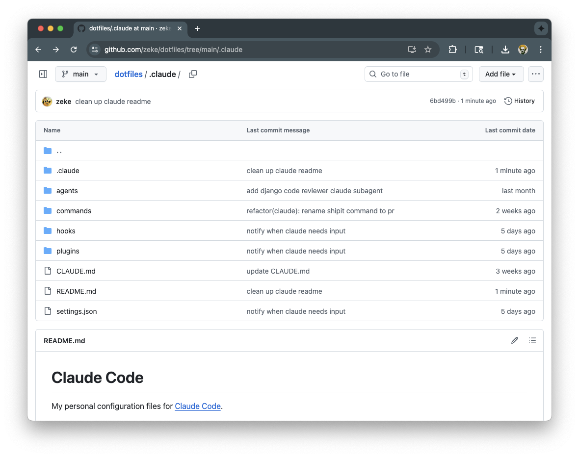 Screenshot of Claude Code dotfiles on GitHub